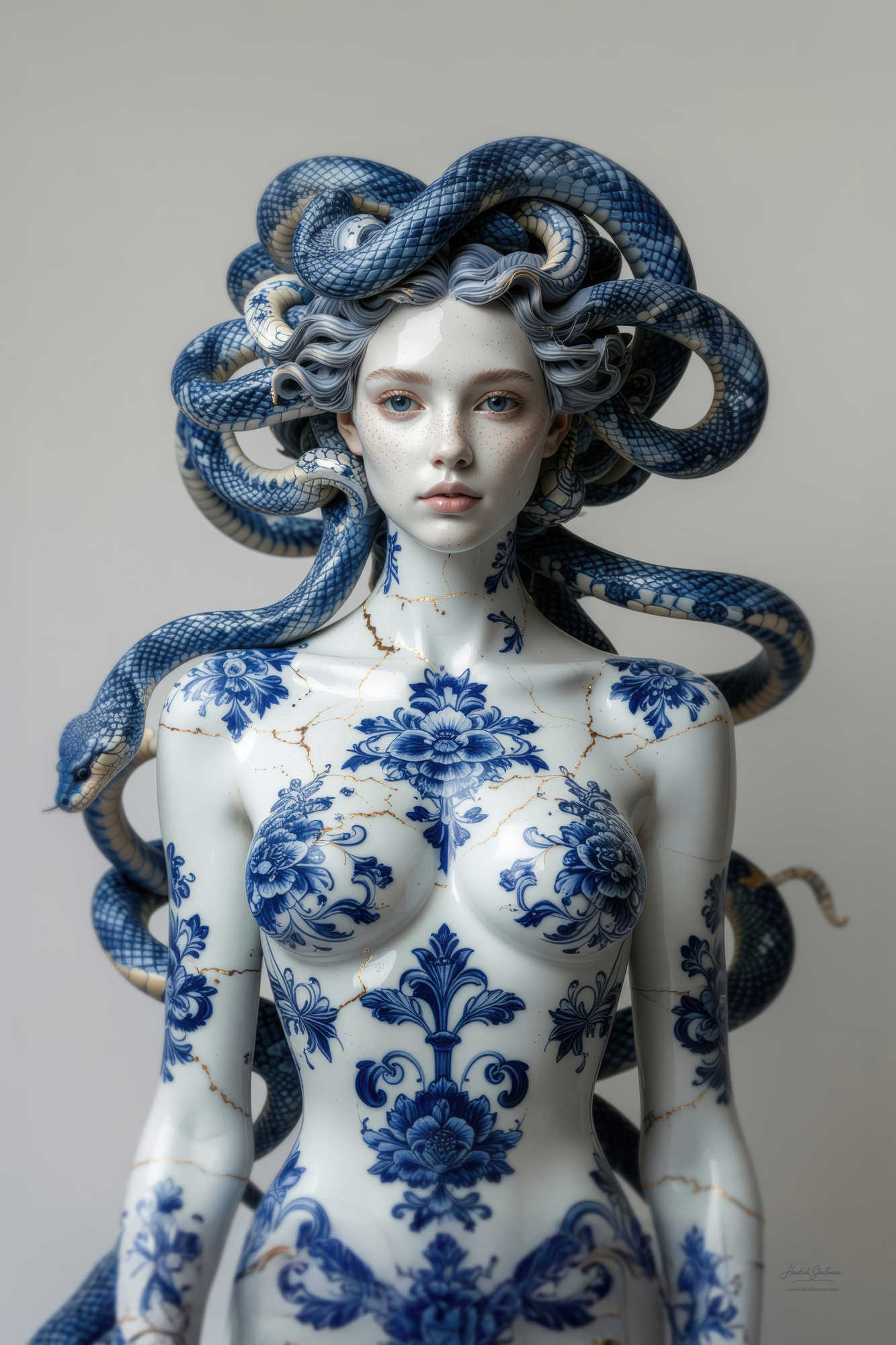 kunstwerk van Medusa in blauw ingelegd met goud. Een echte eyecatcher voor ieder interieur.